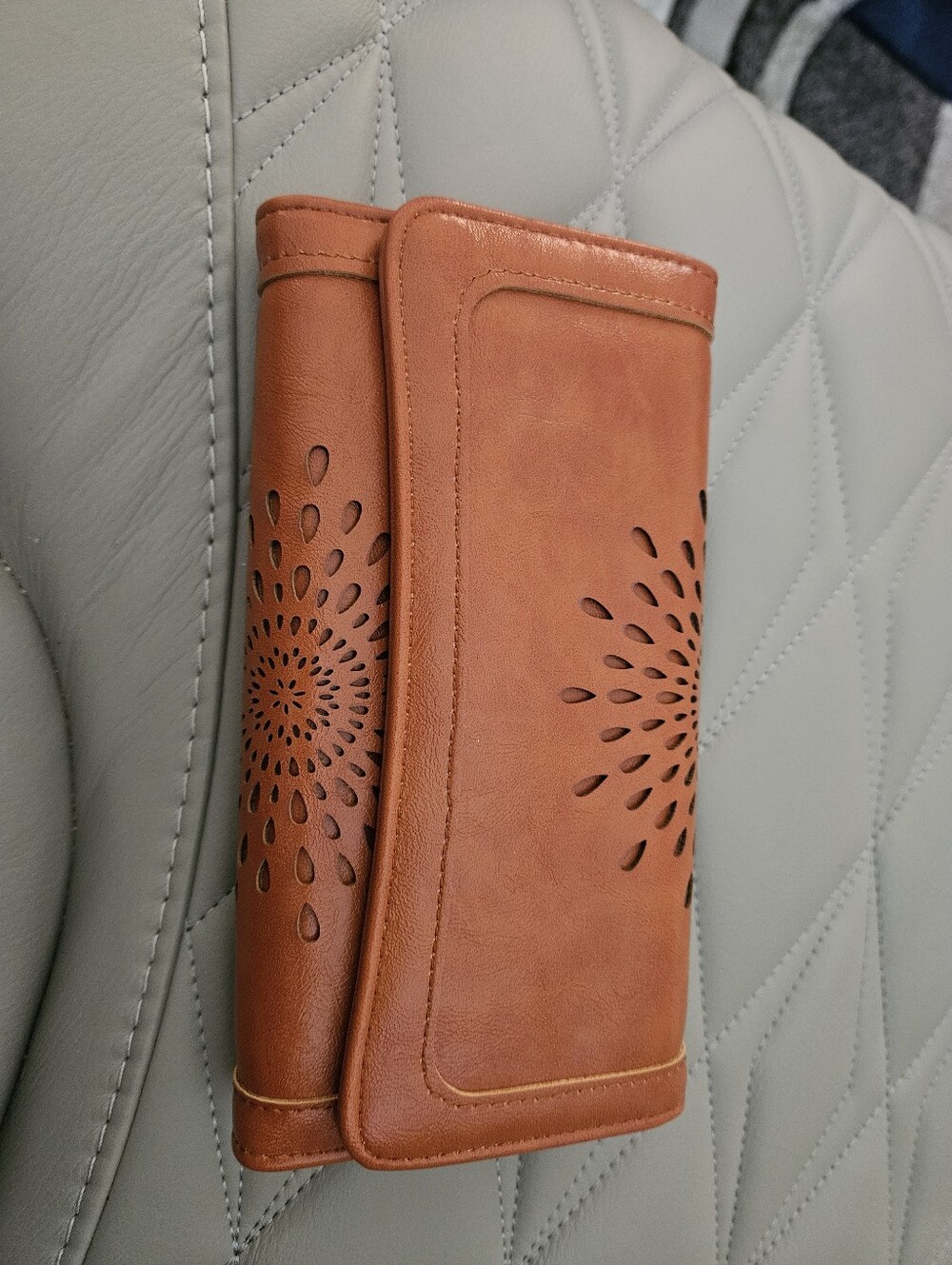 Leather Wallet with Laser-Cut Floral Design - Tan